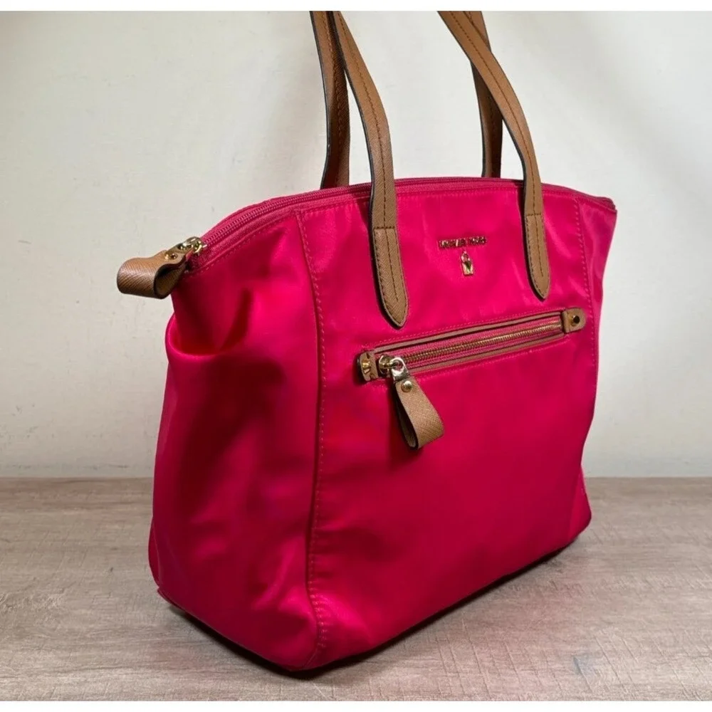 MICHAEL KORS Nylon Tote Bag Hot Pink Shoulder‎ Tote Zip Top Gold Hardware